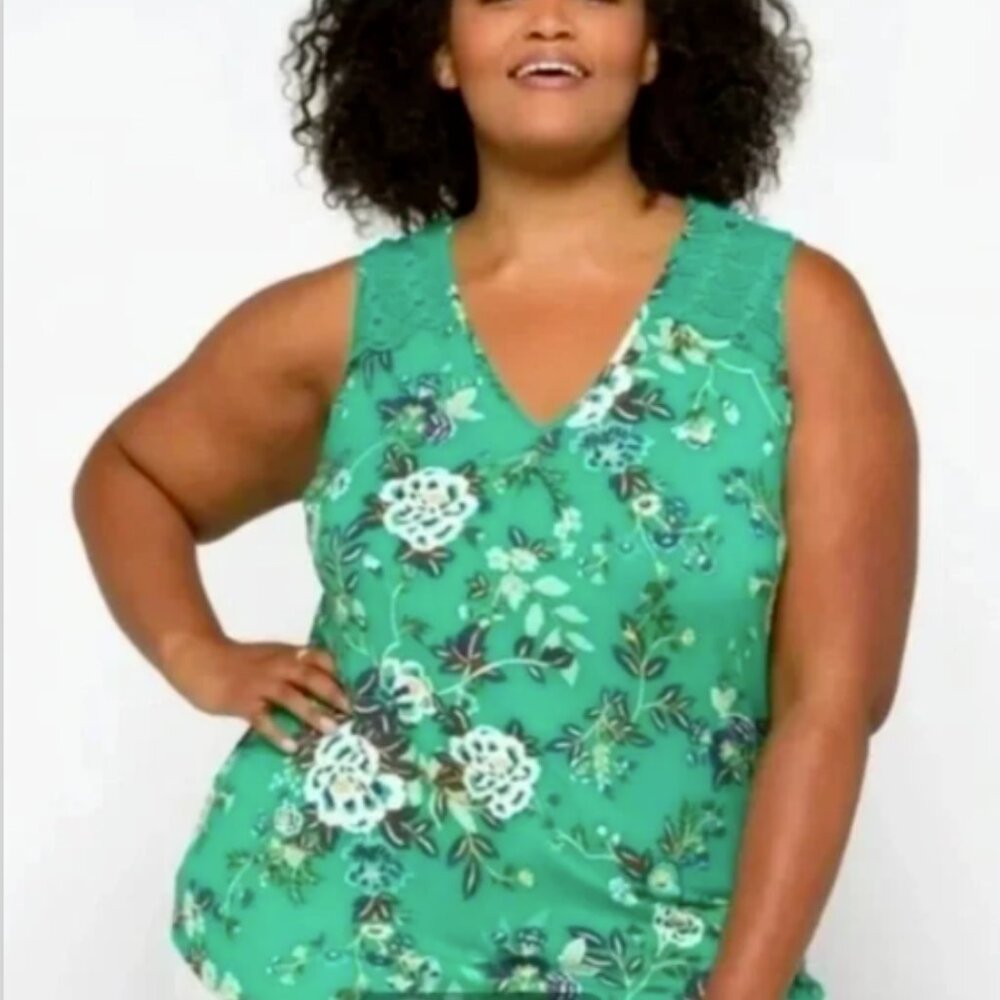 Crochet‎ Lace Floral Print Green Sleeveless Plus 3X Spring Summer New